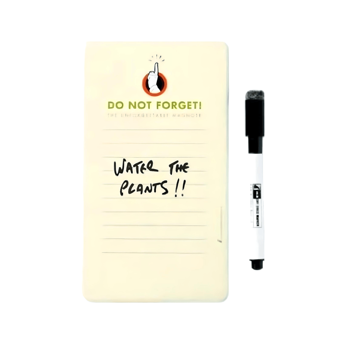 Magnote Dry Wipe Magnet with 'DO NOT FORGET!' header and marker, noting 'Water the plants' on a lined surface.