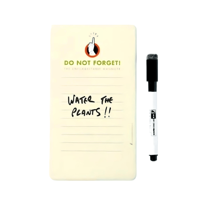 Magnote Dry Wipe Magnet with 'DO NOT FORGET!' header and marker, noting 'Water the plants' on a lined surface.