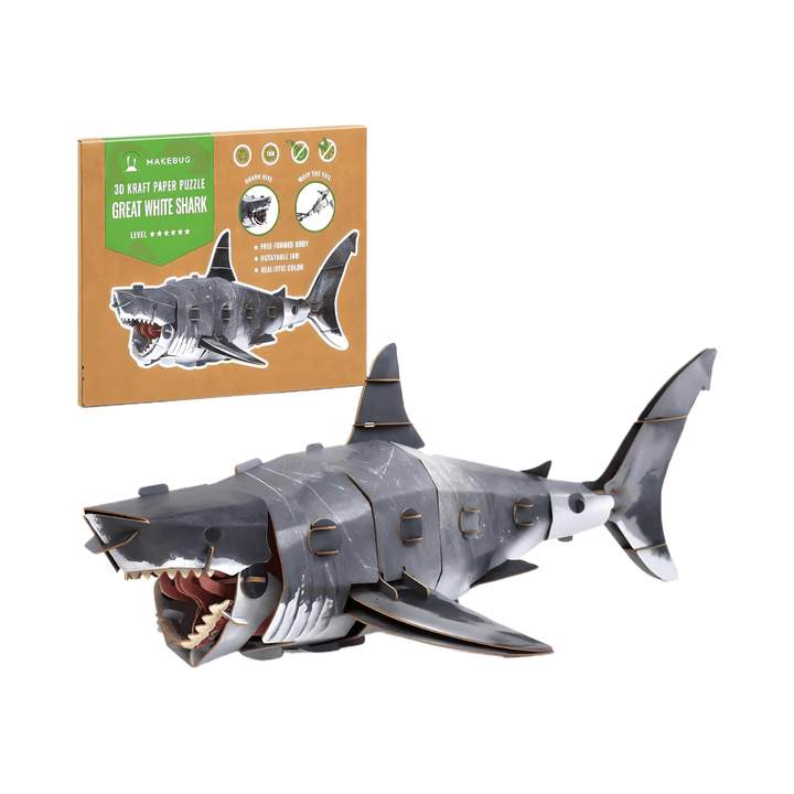 Makebug Great White Shark 3D Paper Puzzle displayed with its packaging showcasing a realistic shark model.