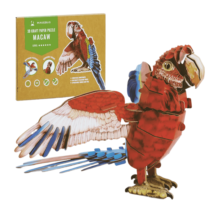 Makebug Macaw 3D Paper Puzzle displayed with colorful pieces and packaging, perfect for advanced puzzle enthusiasts.