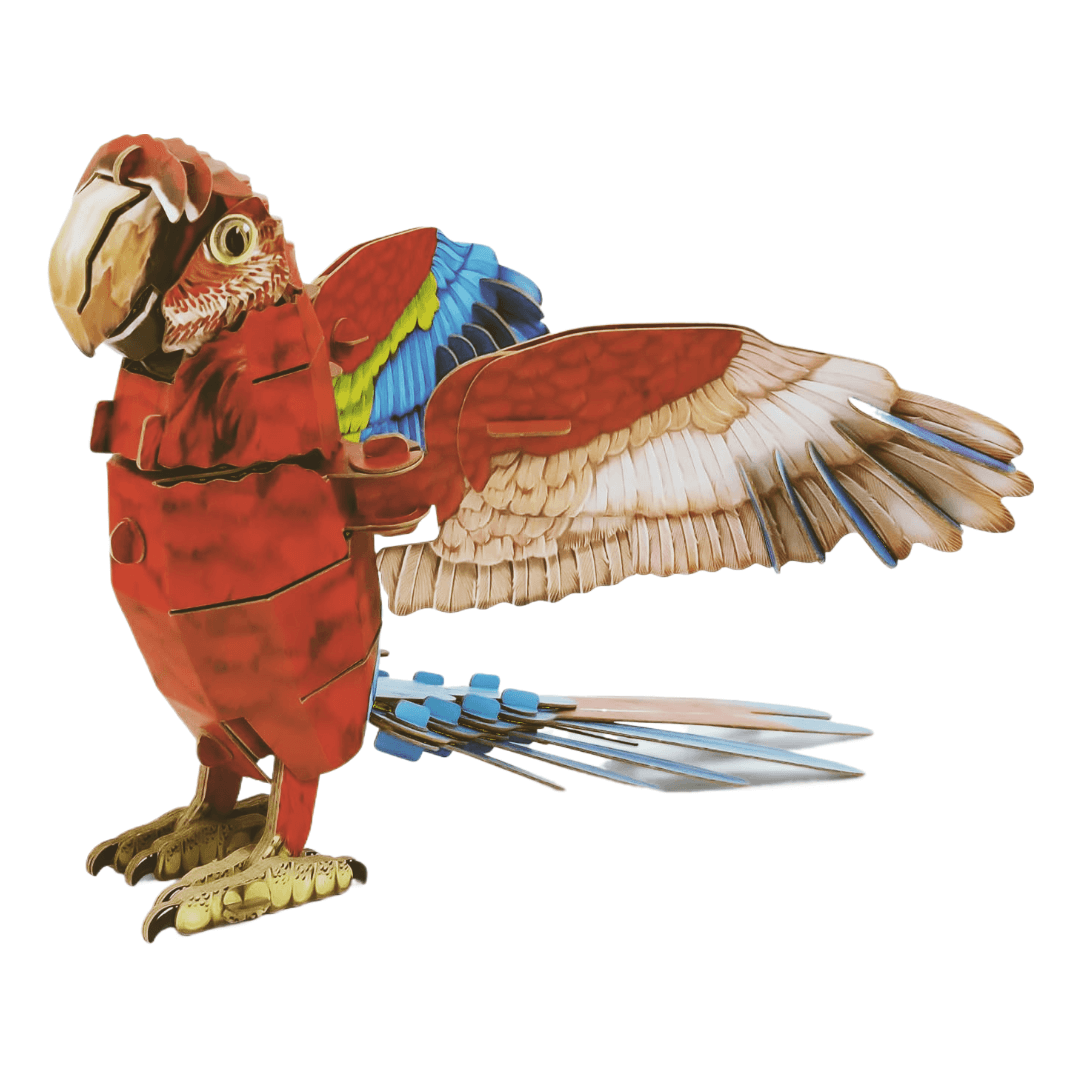 Makebug Macaw 3D Paper Puzzle featuring a colorful macaw with detailed wings and crafted from precision-cut paper.