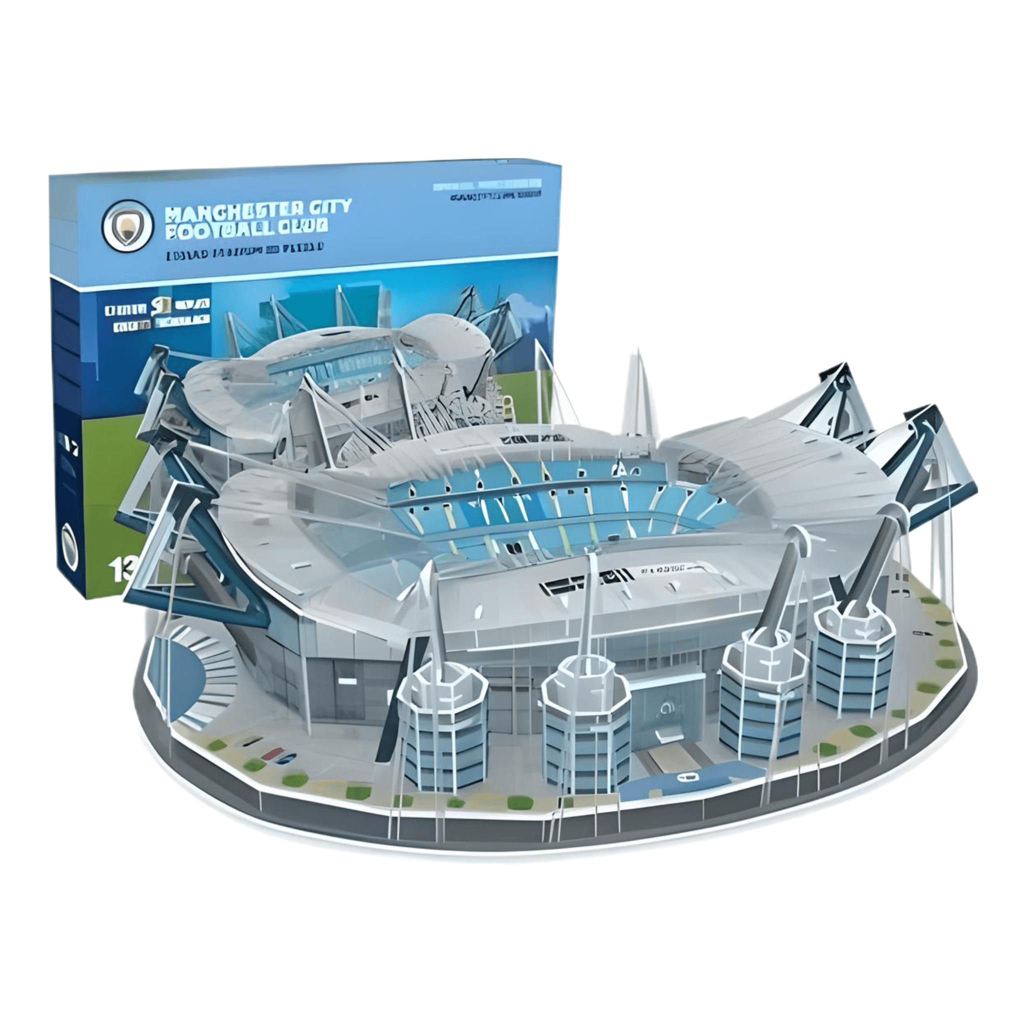 Manchester City Etihad 3D Stadium Puzzle, detailed replica in packaging for fans and collectors.