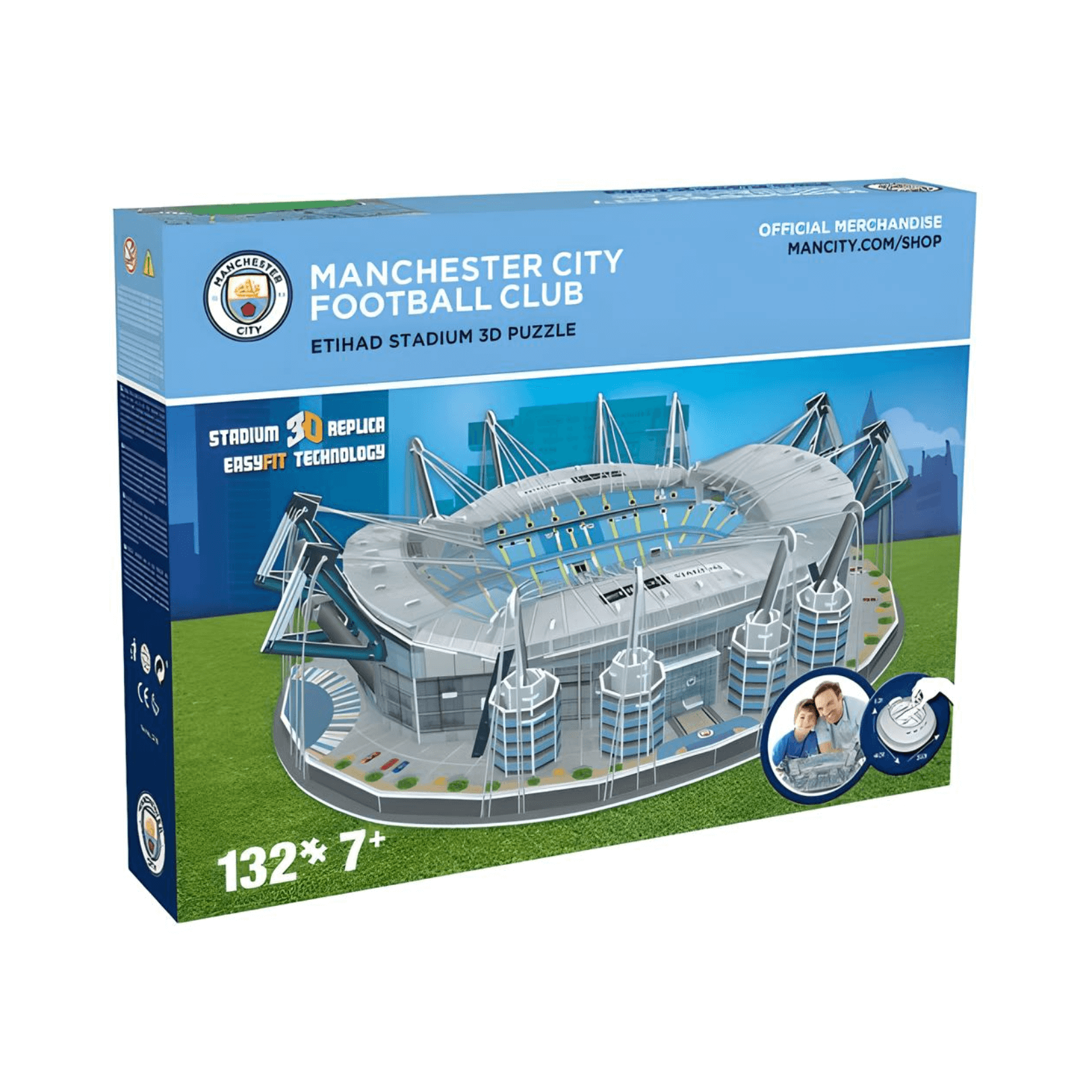 Manchester City Etihad 3D Stadium Puzzle packaging with detailed image of the stadium design and puzzle pieces.