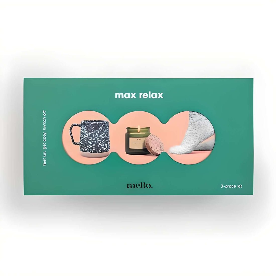 Mello Max Relax gift set featuring a mug, candle, and cozy socks for ultimate relaxation.
