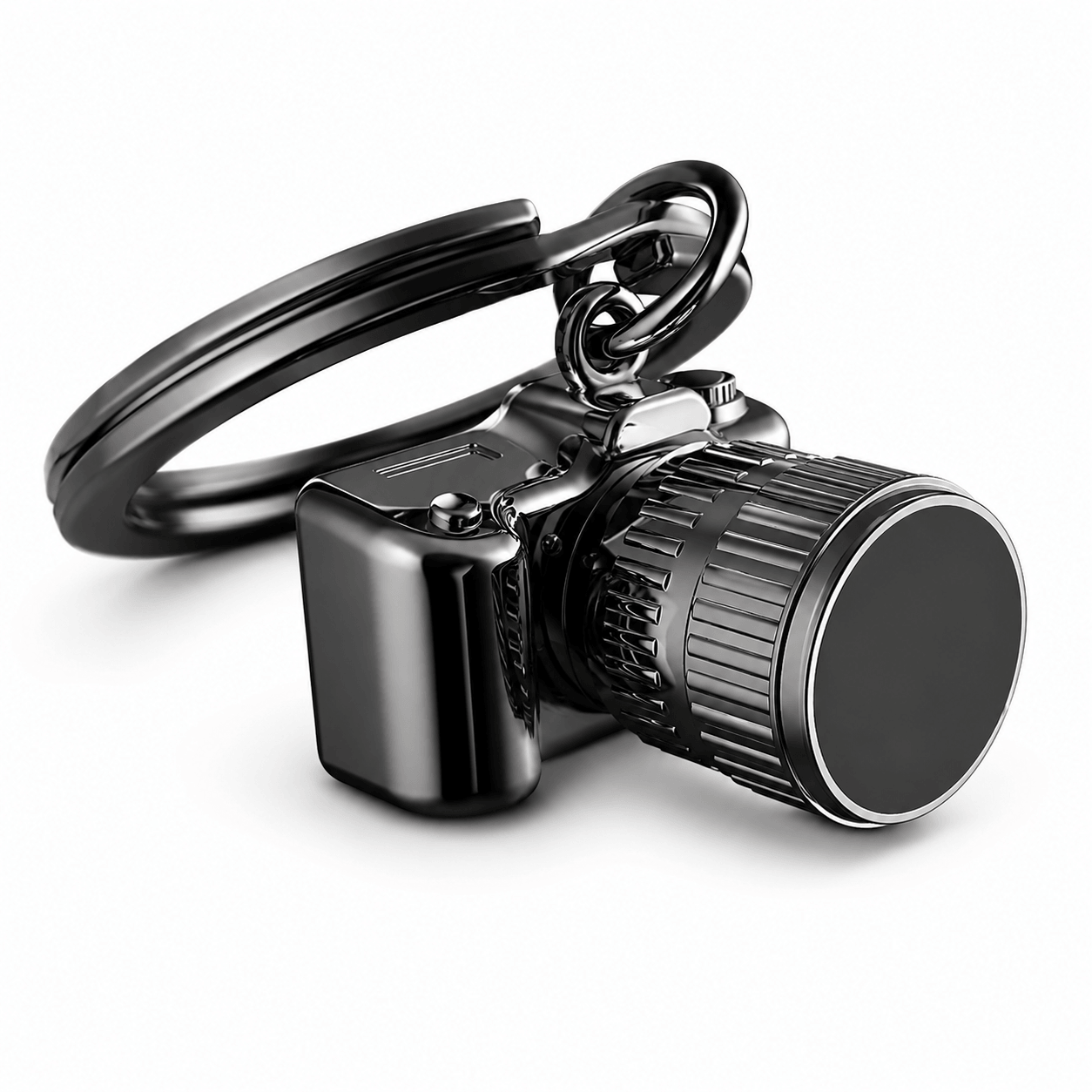 Metalmorphose Camera Keychain in dark gunmetal with detailed camera body, textured lens, and black key ring