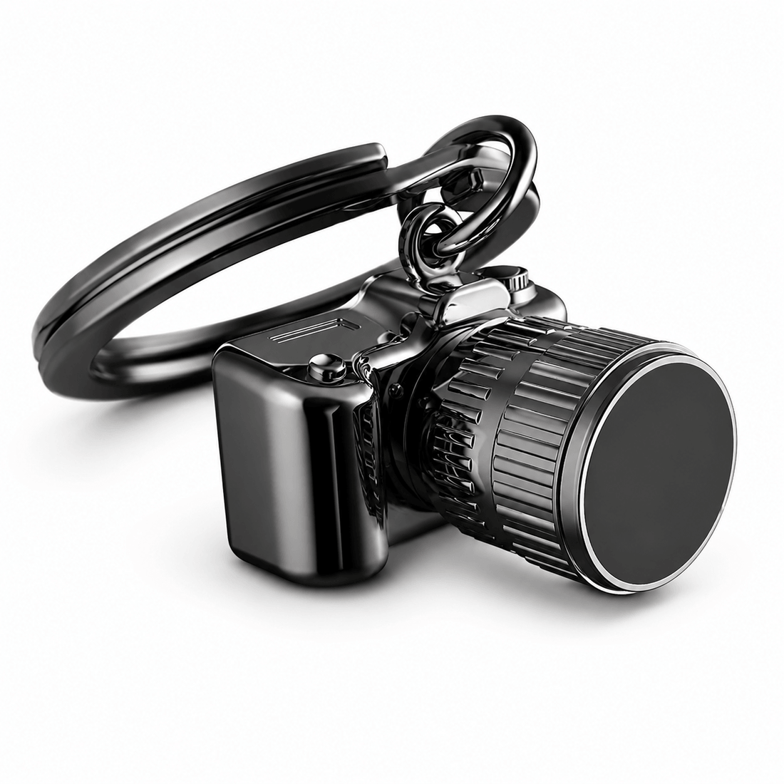 Metalmorphose Camera Keychain in dark gunmetal with detailed camera body, textured lens, and black key ring