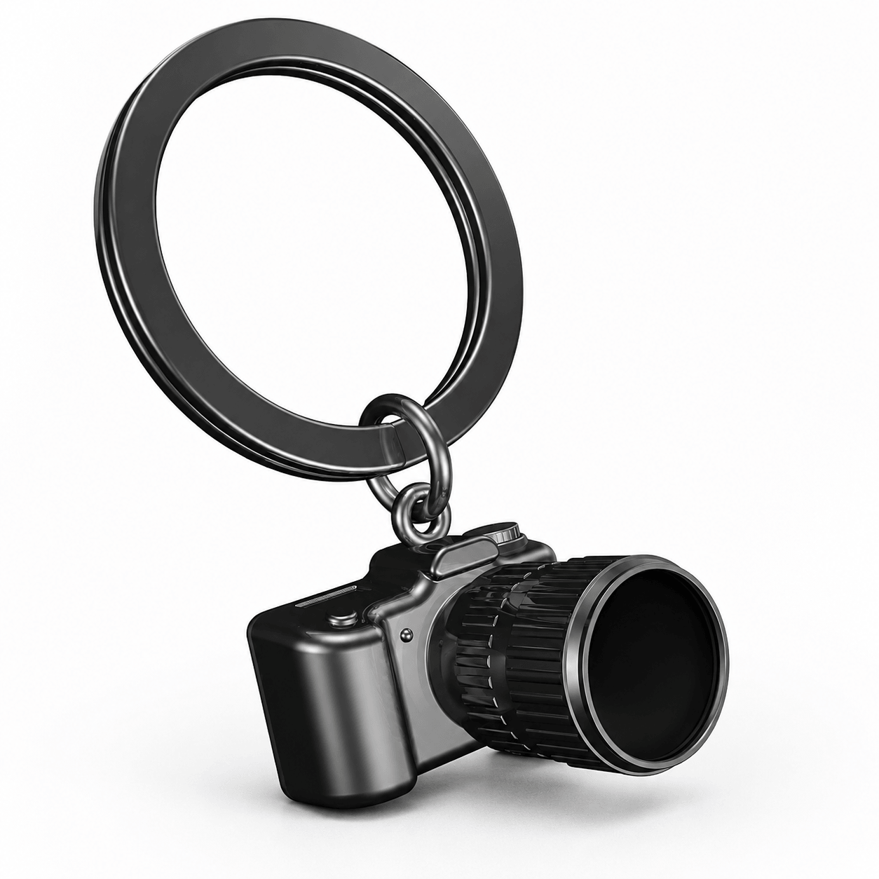Metalmorphose Camera Keychain in dark gunmetal with detailed camera body, black lens, and circular key ring.