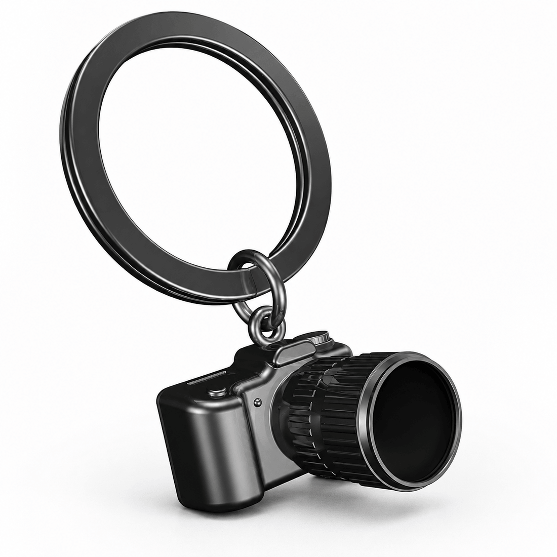 Metalmorphose Camera Keychain in dark gunmetal with detailed camera body, black lens, and circular key ring.