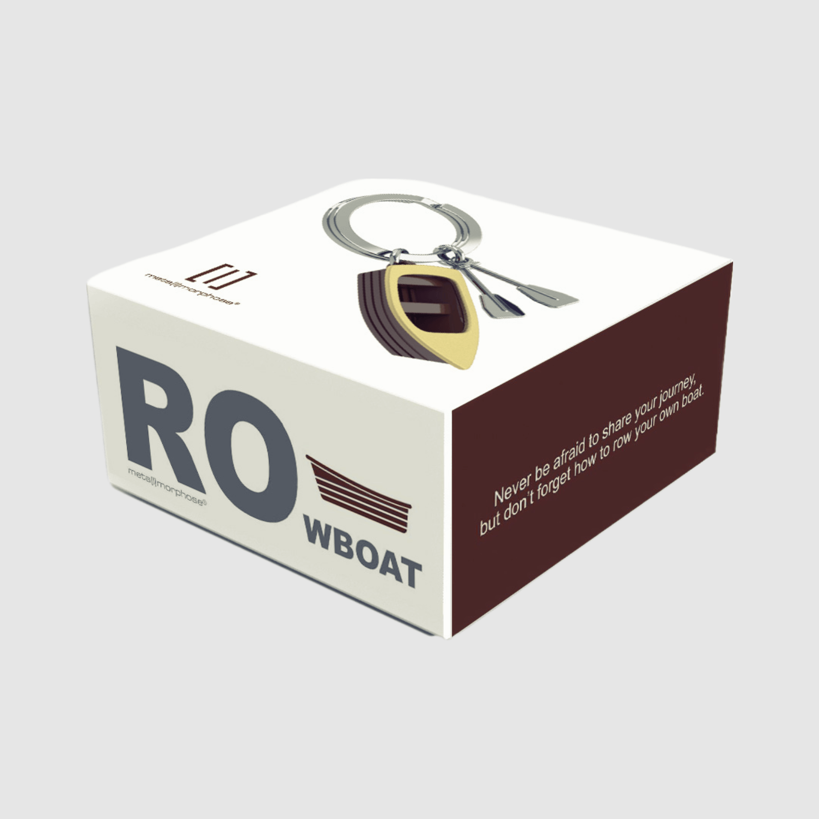 Metalmorphose Keychain - Row Boat Key Ring packaging displaying a motivational quote and product design.