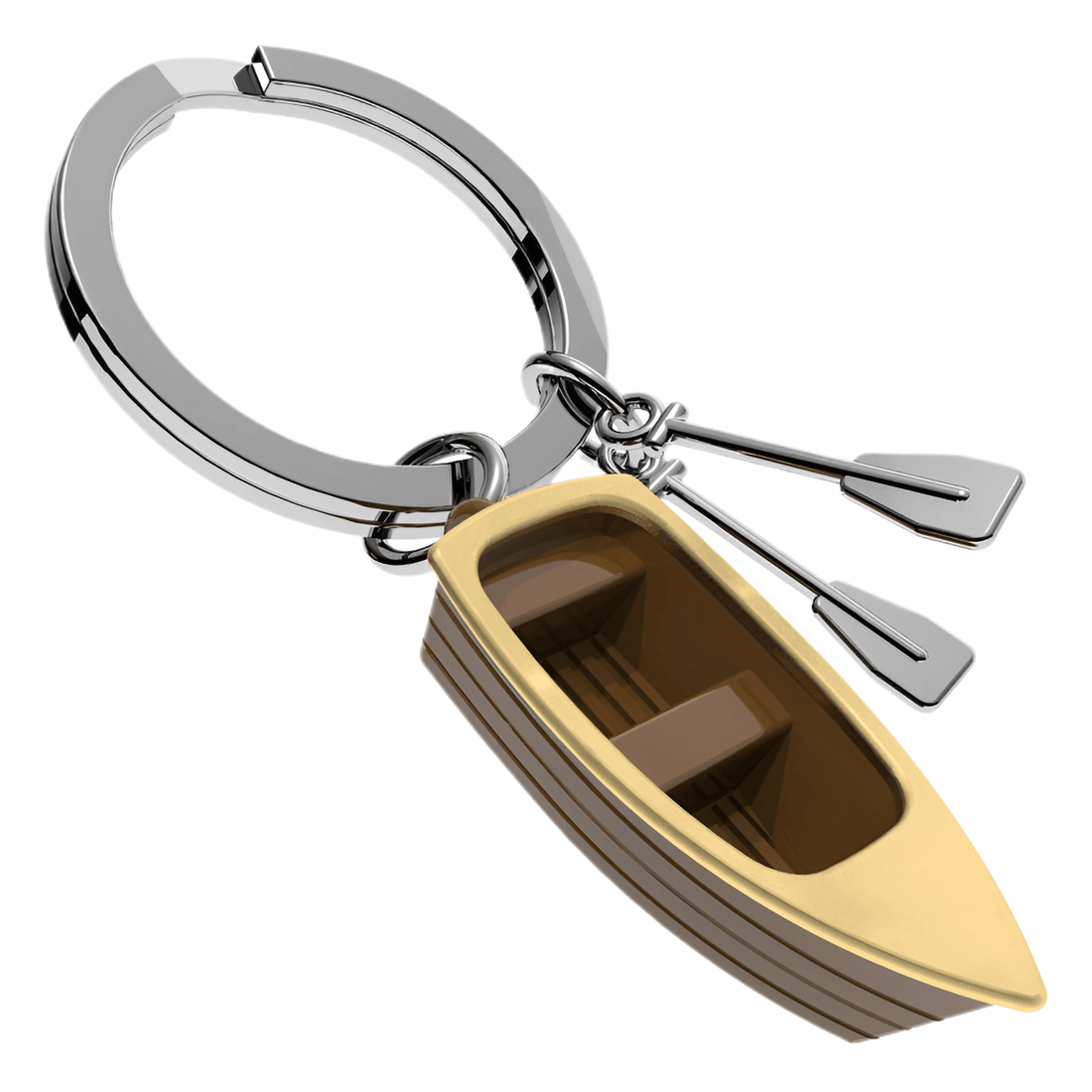 Metalmorphose Keychain - Row Boat Key Ring featuring a 3D boat design with oars in gold and brown finish.