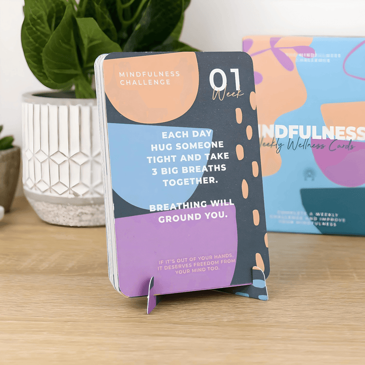 Mindfulness Weekly Wellness Cards featuring a challenge to hug and breathe deeply for wellness.