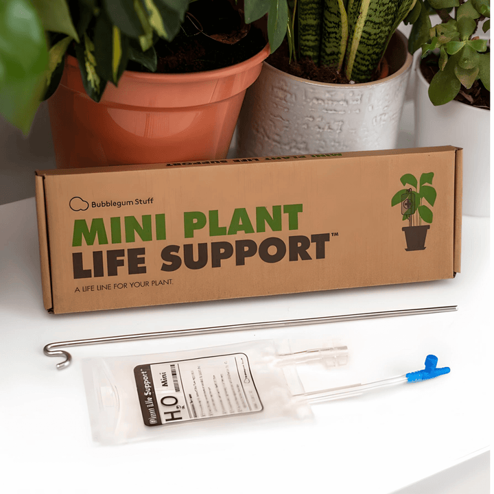 Mini Plant Life Support product packaging with support accessories for easy plant care.