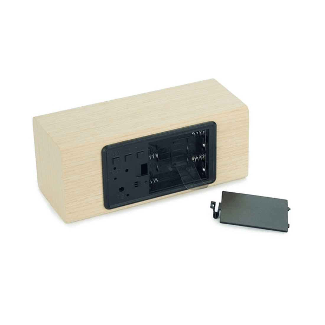 Back view of the Minimalist Wooden LED Alarm Clock with battery compartment and wooden cube design.