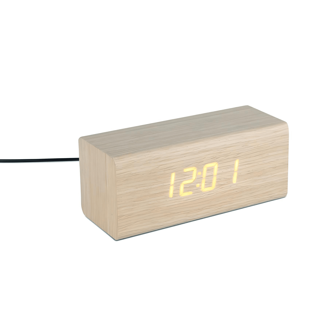 Minimalist wooden LED alarm clock in cube design displaying time on illuminated surface.