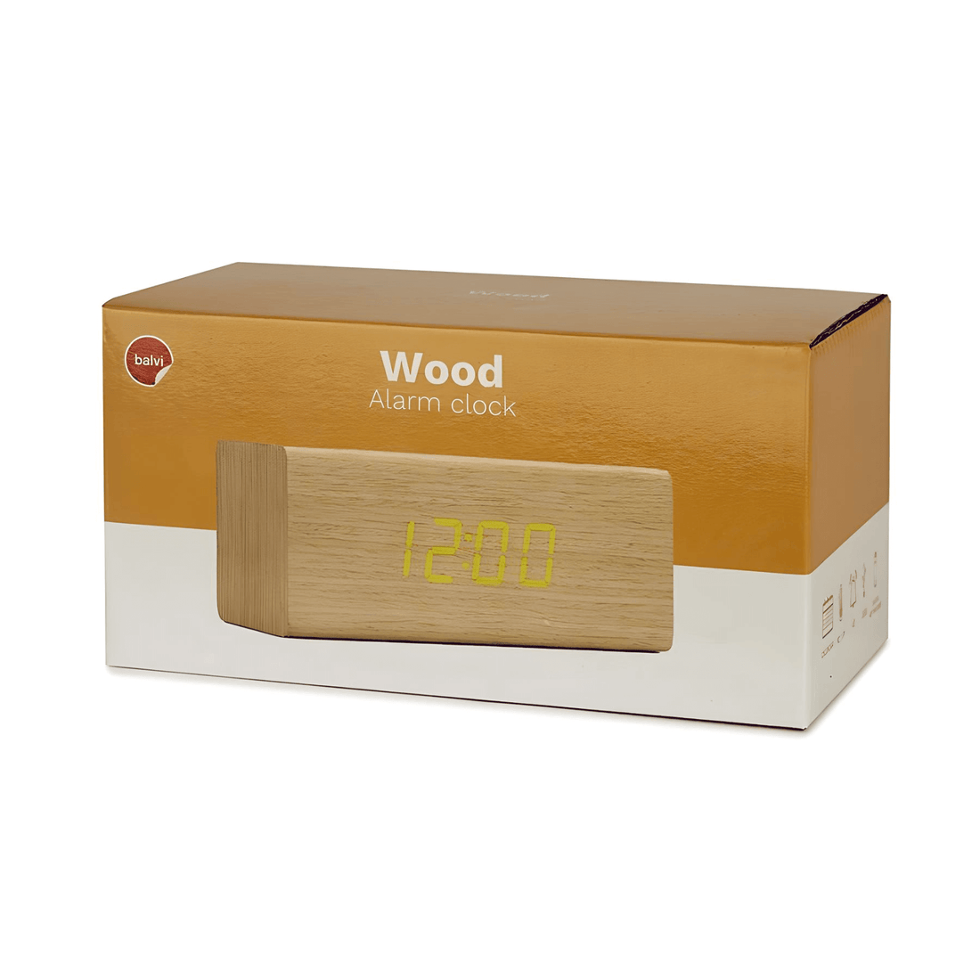 Minimalist wooden LED alarm clock cube design in packaging showing digital time display.