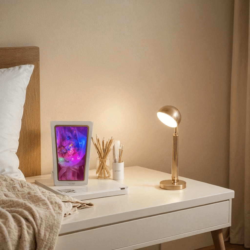 Cozy bedside table setup featuring a tablet, gold lamp, and decorative items in a warm room.