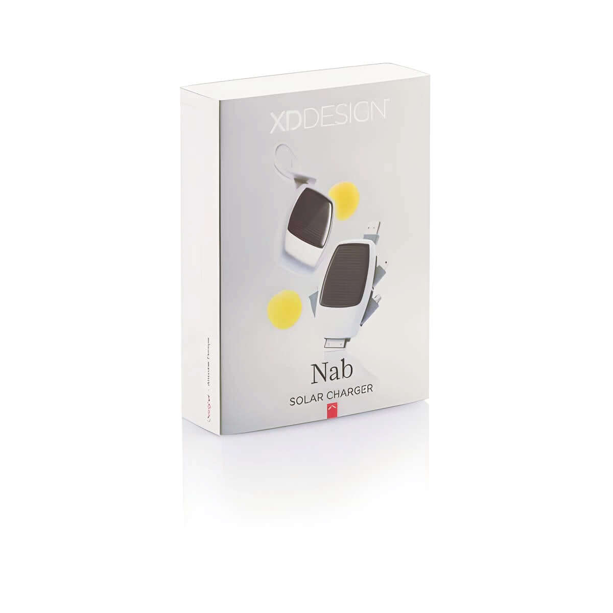 Nab Portable Emergency Solar Phone Charger packaging with sleek design and solar panel features.