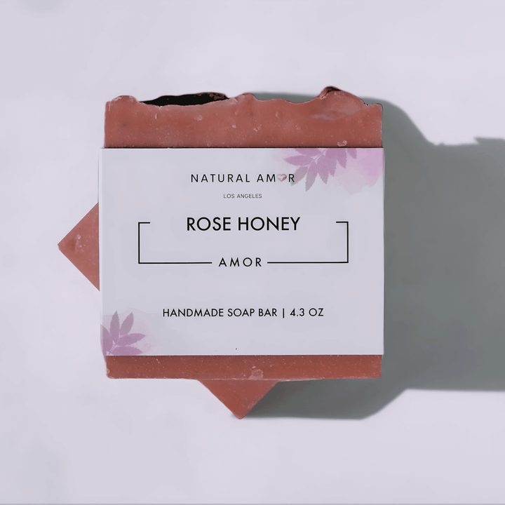 Natural Amor Rose Honey handmade soap bar, eco-friendly skincare, 4.3 oz, perfect for spa gift sets and relaxation.