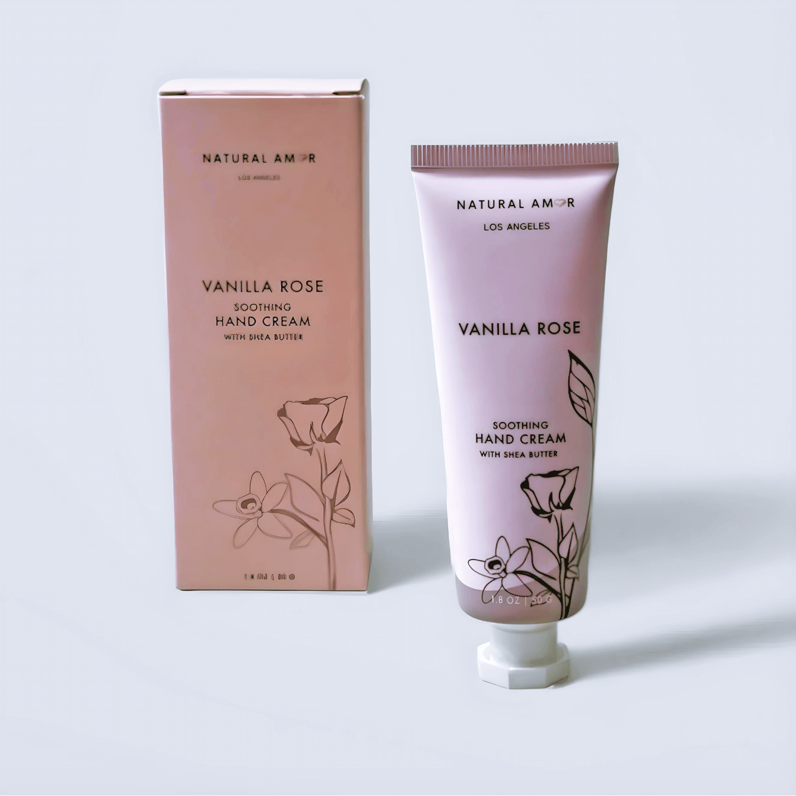 Natural Amor Vanilla Rose soothing hand cream with shea butter and elegant packaging