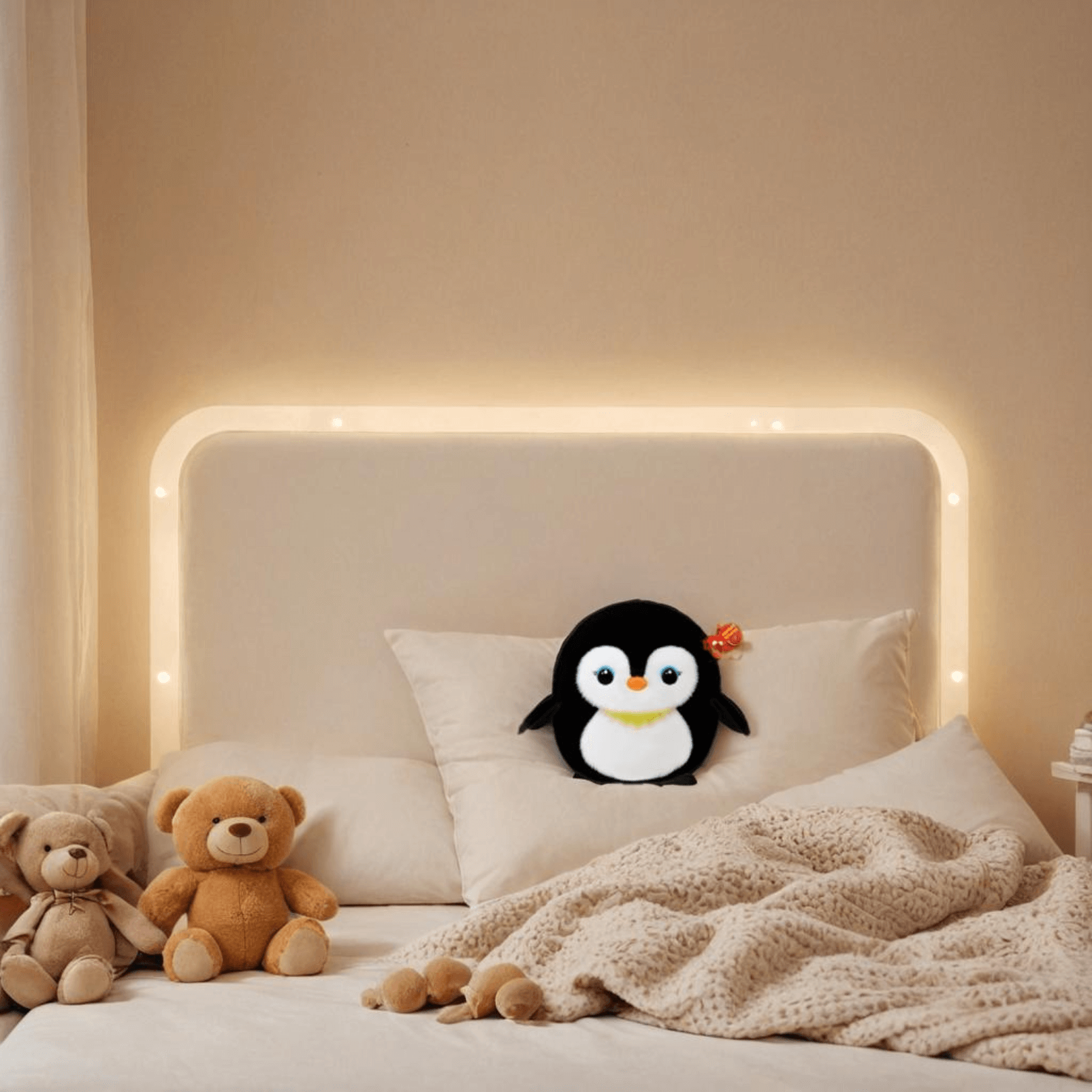 Neve the Penguin plush toy sitting on a bed with teddy bears and soft bedding, perfect for cuddles.