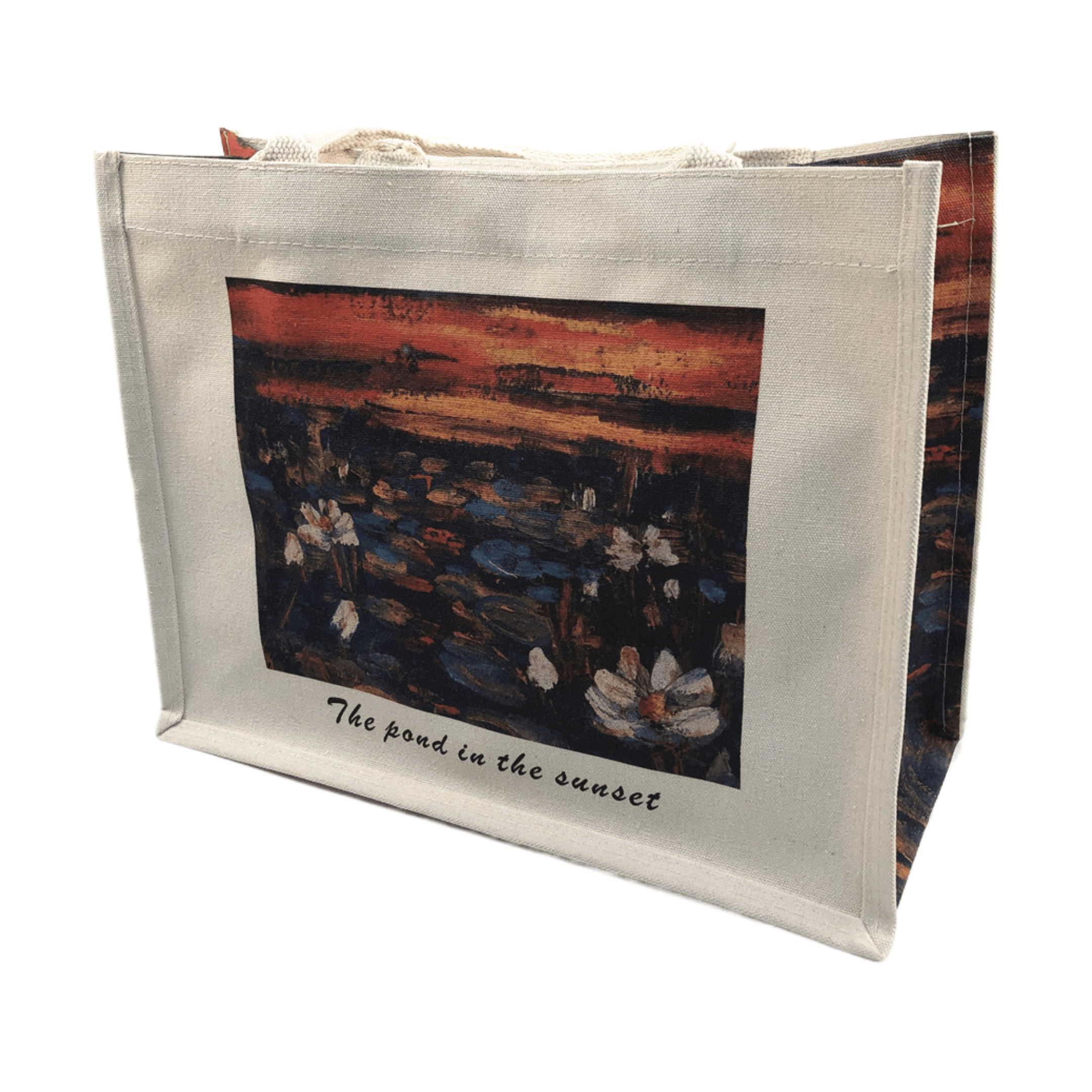 Oil painting canvas tote bag featuring a serene pond at sunset, showcasing artistic elegance and functionality.