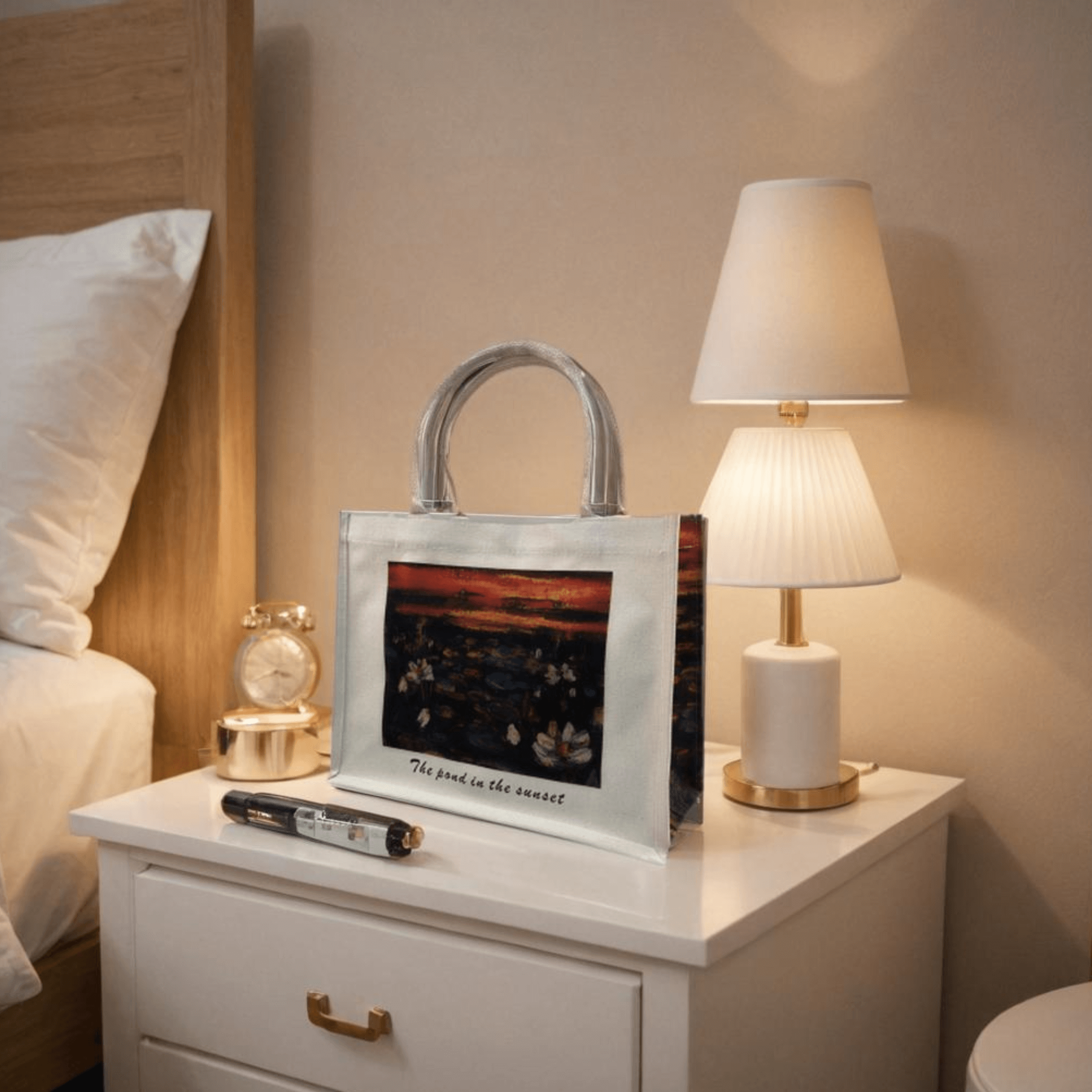 Elegant Oil Painting Canvas Tote Bag - The Pond in the Sunset, displayed on a nightstand with stylish decor.
