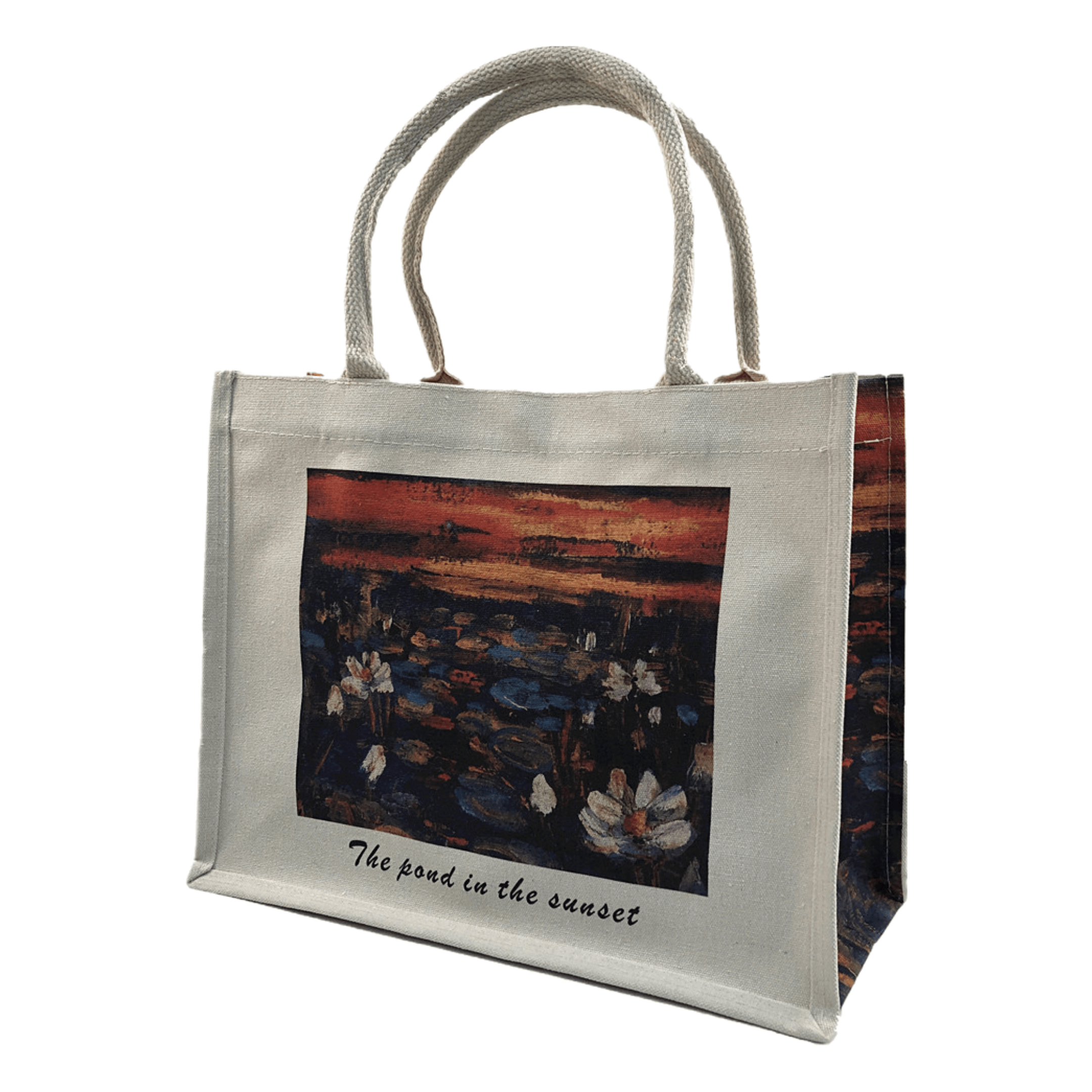 Oil painting canvas tote bag featuring a serene pond and sunset, perfect for artistic and nature-loving fashion enthusiasts.