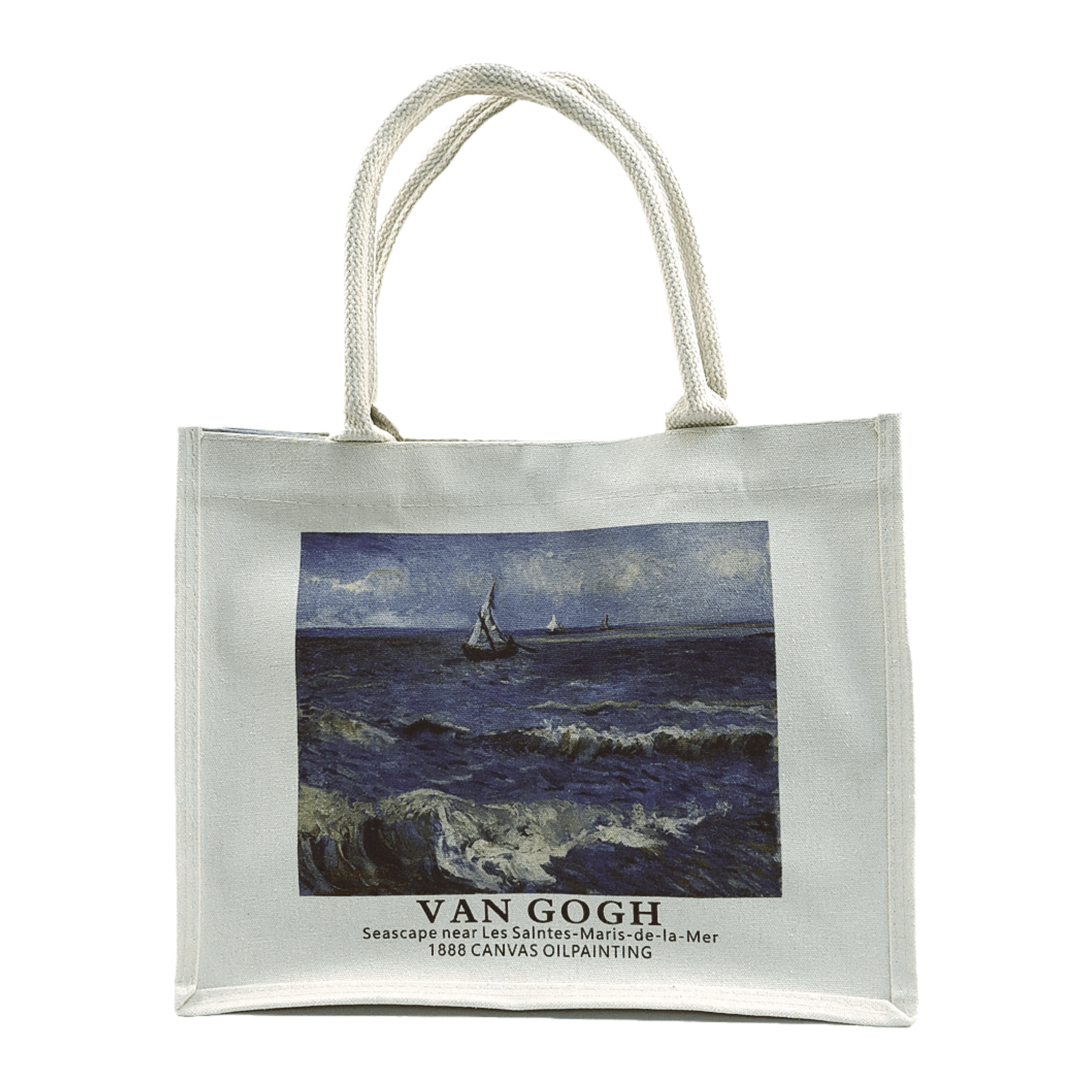Van Gogh Oil Painting Canvas Tote Bag featuring Seascape near Les Saintes-Maries-de-la-Mer, perfect for art lovers.