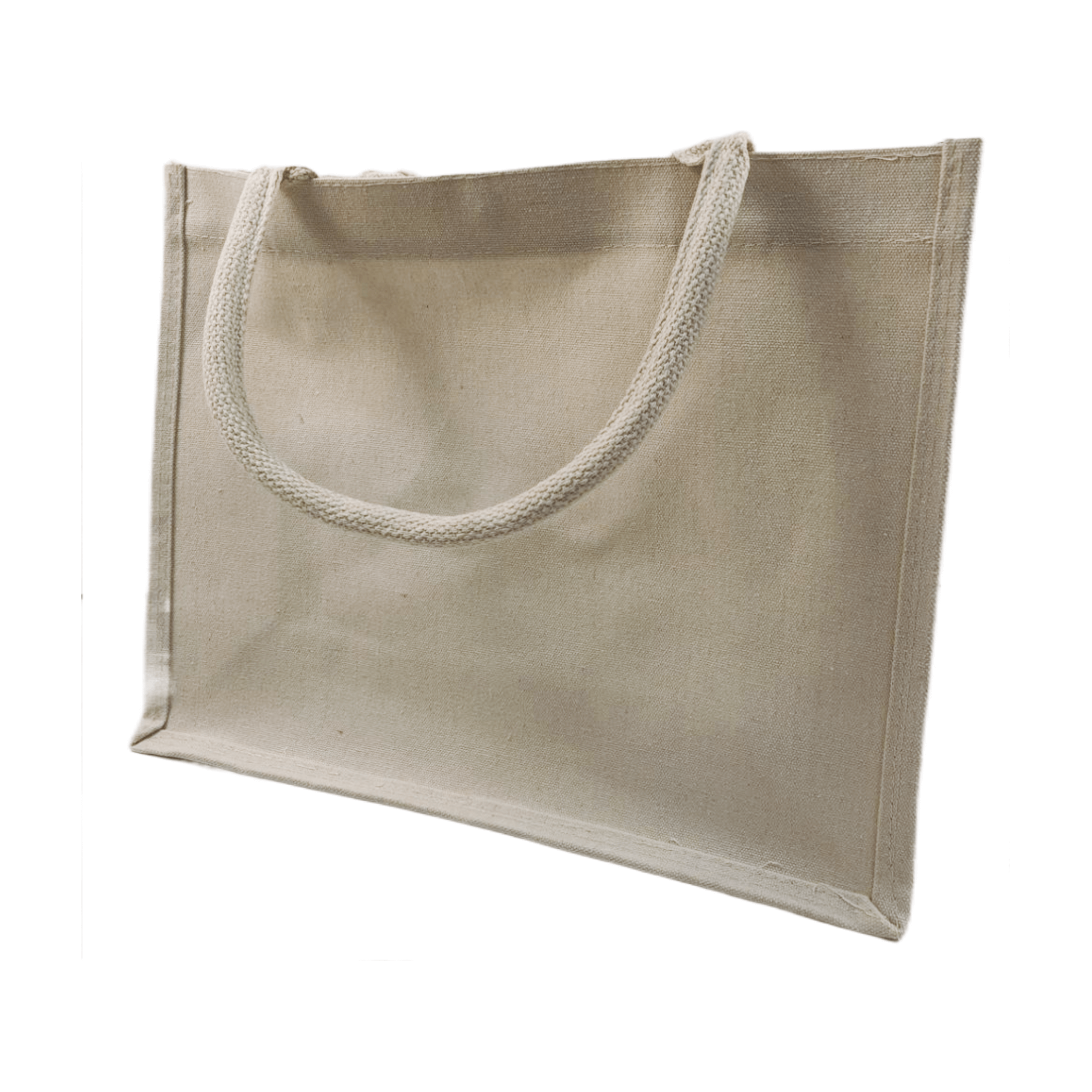 Natural canvas tote bag with rope handles, perfect for carrying everyday essentials.