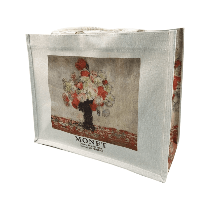 Oil painting canvas tote bag featuring Monet's Vase of Peonies, perfect for stylish everyday use.