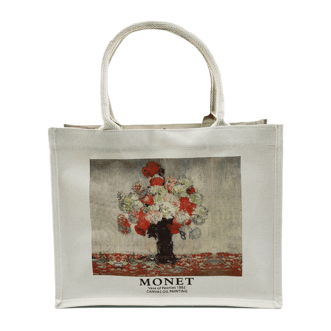 Oil painting canvas tote bag featuring Monet's 'Vase of Peonies, 1882' artwork, perfect for stylish everyday use.