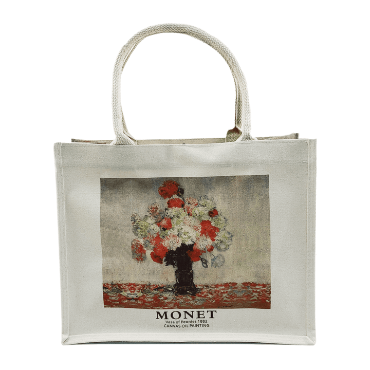 Oil painting canvas tote bag featuring Monet's 'Vase of Peonies, 1882' artwork, perfect for stylish everyday use.