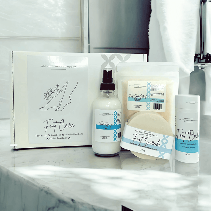 Foot Care Collection by Old Soul Soap Company, featuring foot scrub, soak, and balm for soft, rejuvenated feet.