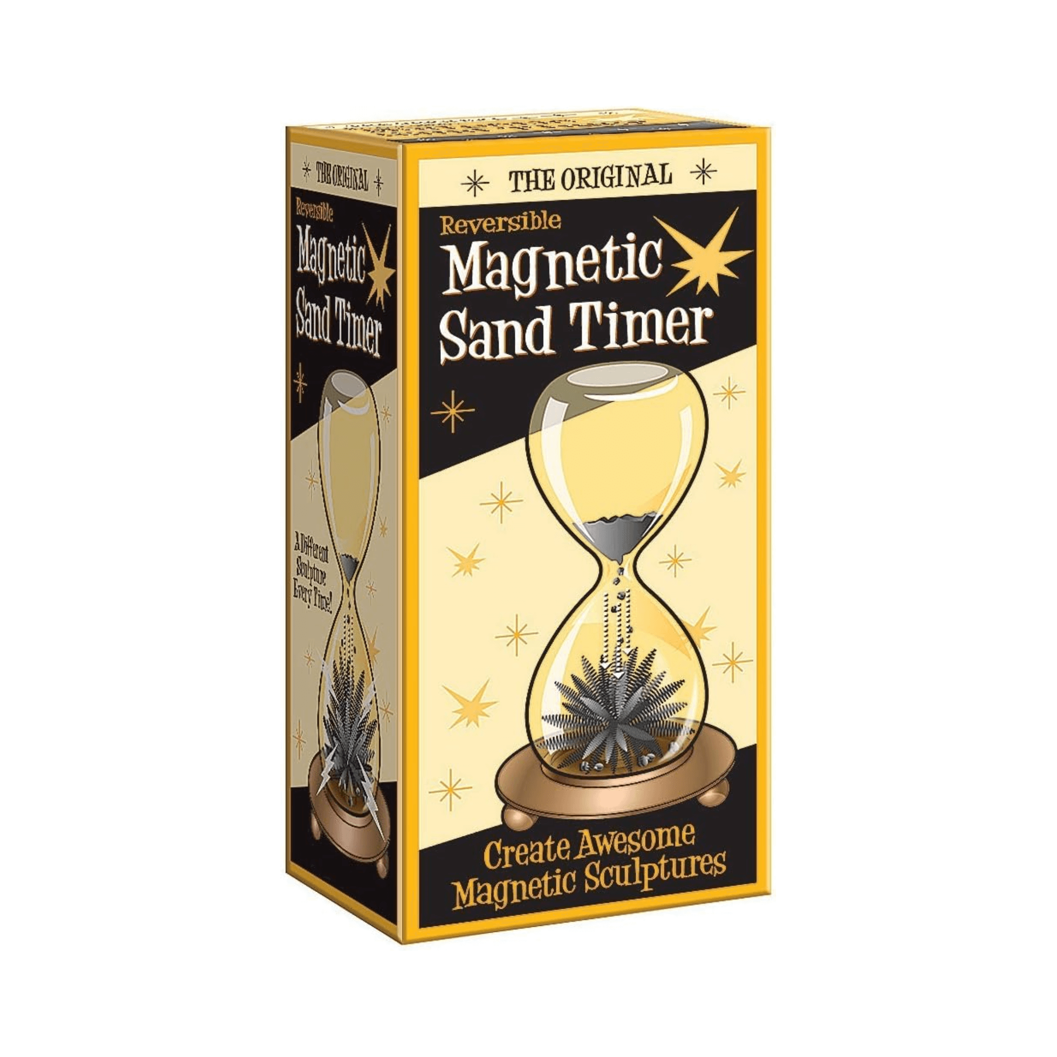Packaging of The Original Reversible Magnetic Sand Timer, showcasing its unique design and magnetic features.