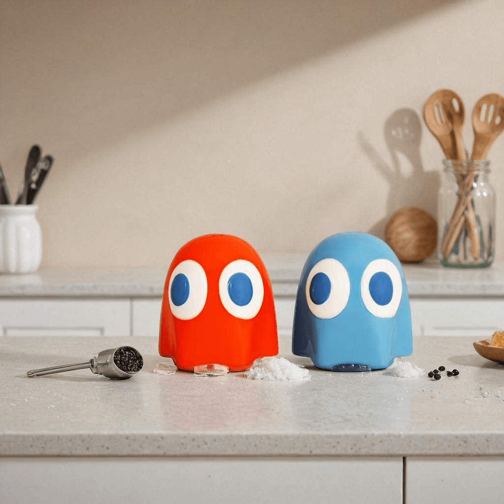 Pac-Man Ghost Salt & Pepper Shakers Blinky (red) and Inky (blue) on kitchen counter with salt and pepper.