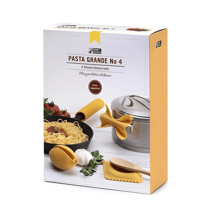 Pasta Grande No.4 boxed set featuring four silicone kitchen tools shaped like pasta.