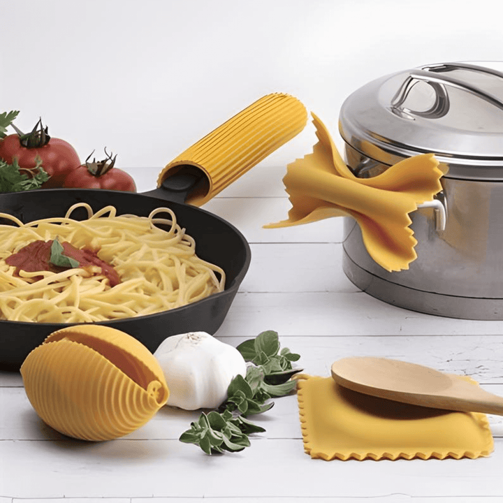 Pasta Grande No.4 cooking tools in a kitchen setting with pasta and ingredients.