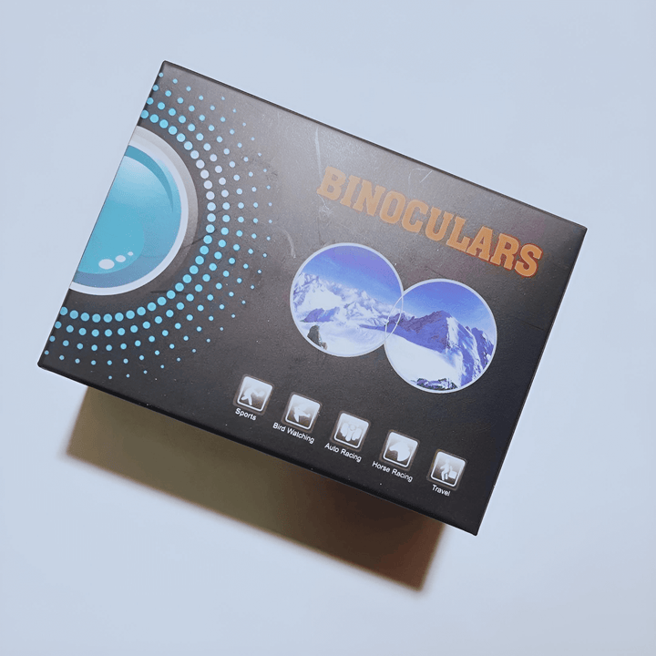 Pelaglass Compact Binoculars packaging, showcasing features for sports, bird watching, auto racing, hiking, and travel.
