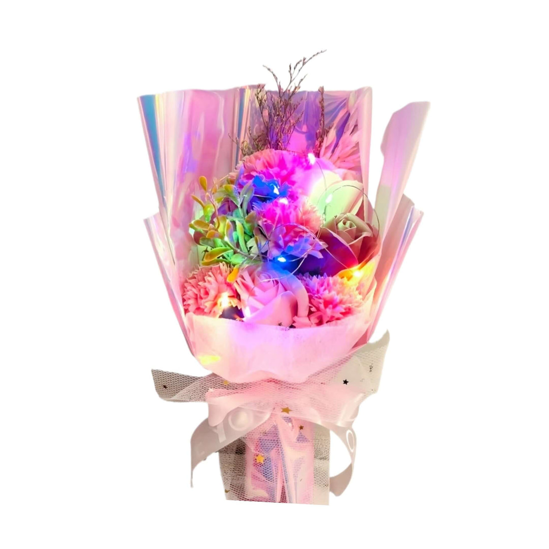 Pink flower bouquet illuminated with LED lights, featuring soft and deep pink blooms for an enchanting ambiance.