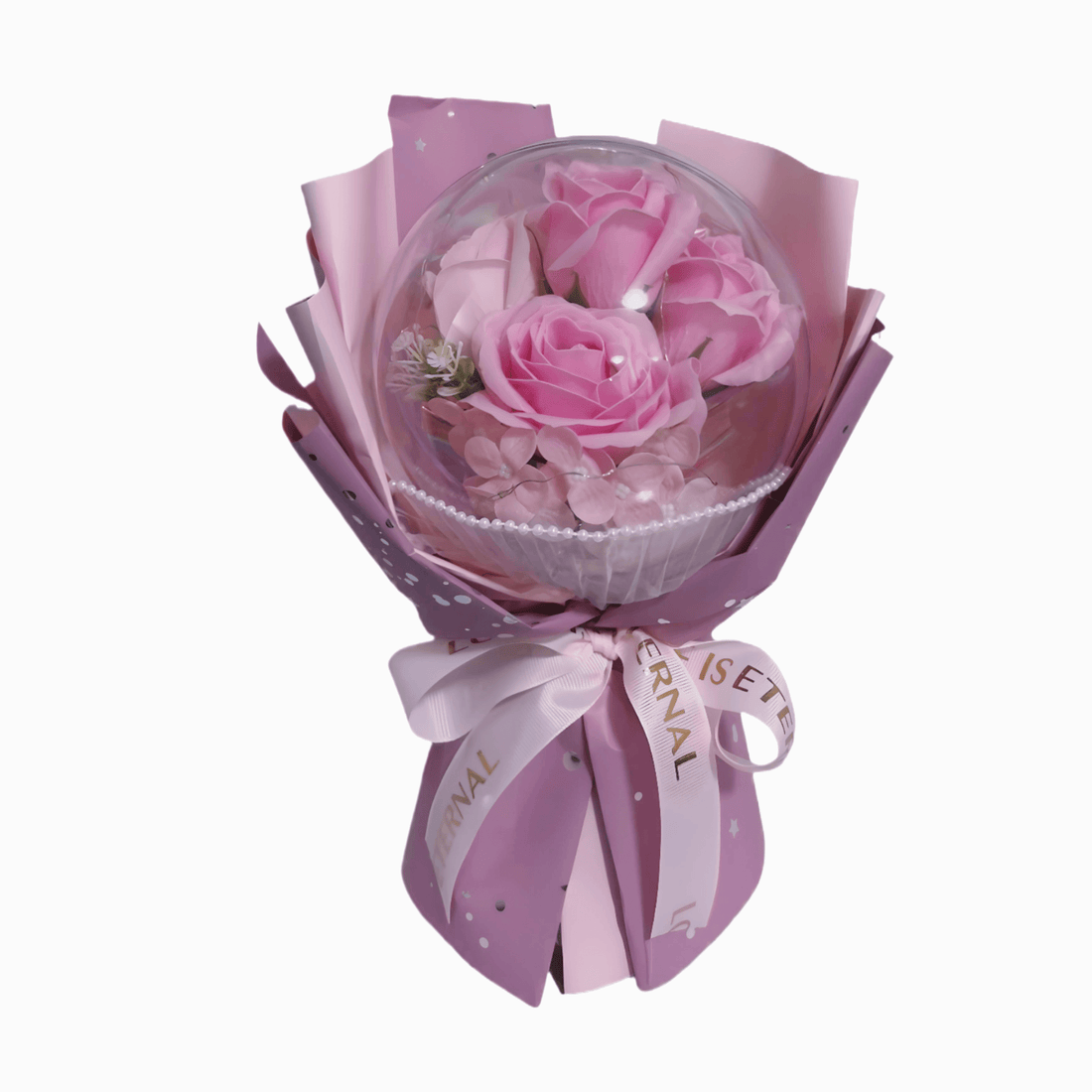 Elegant pink rose bouquet in acrylic dome with customizable LED lights, perfect for lasting floral gifts.