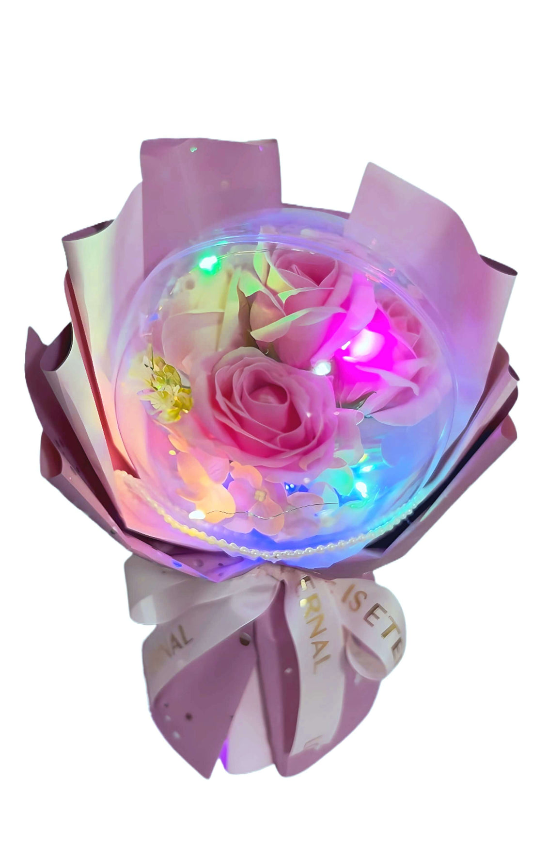 Pink rose bouquet in acrylic dome with colorful LED lights, perfect for gifting on special occasions.