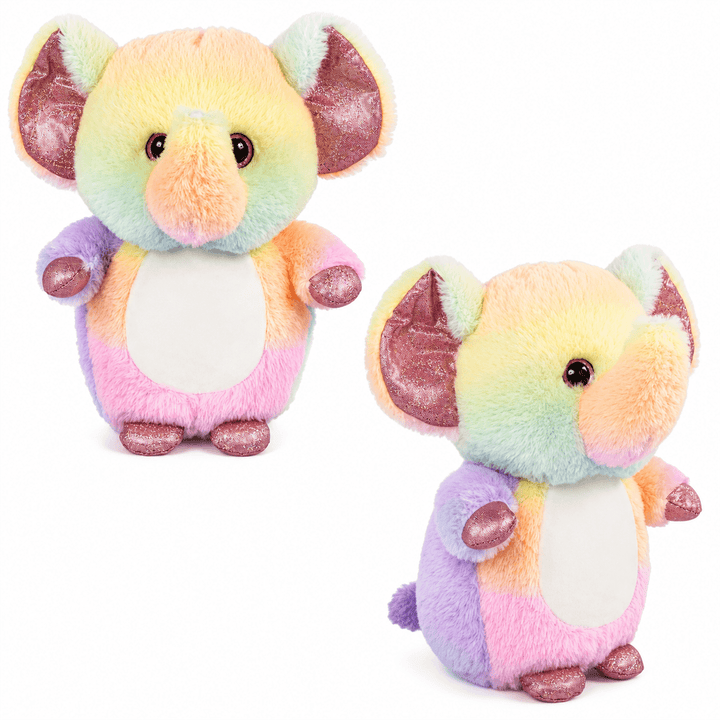 Plump Pal Sugar Elephant 10" plush toy featuring rainbow pastel fur, floppy ears, and shiny eyes for cuddles.