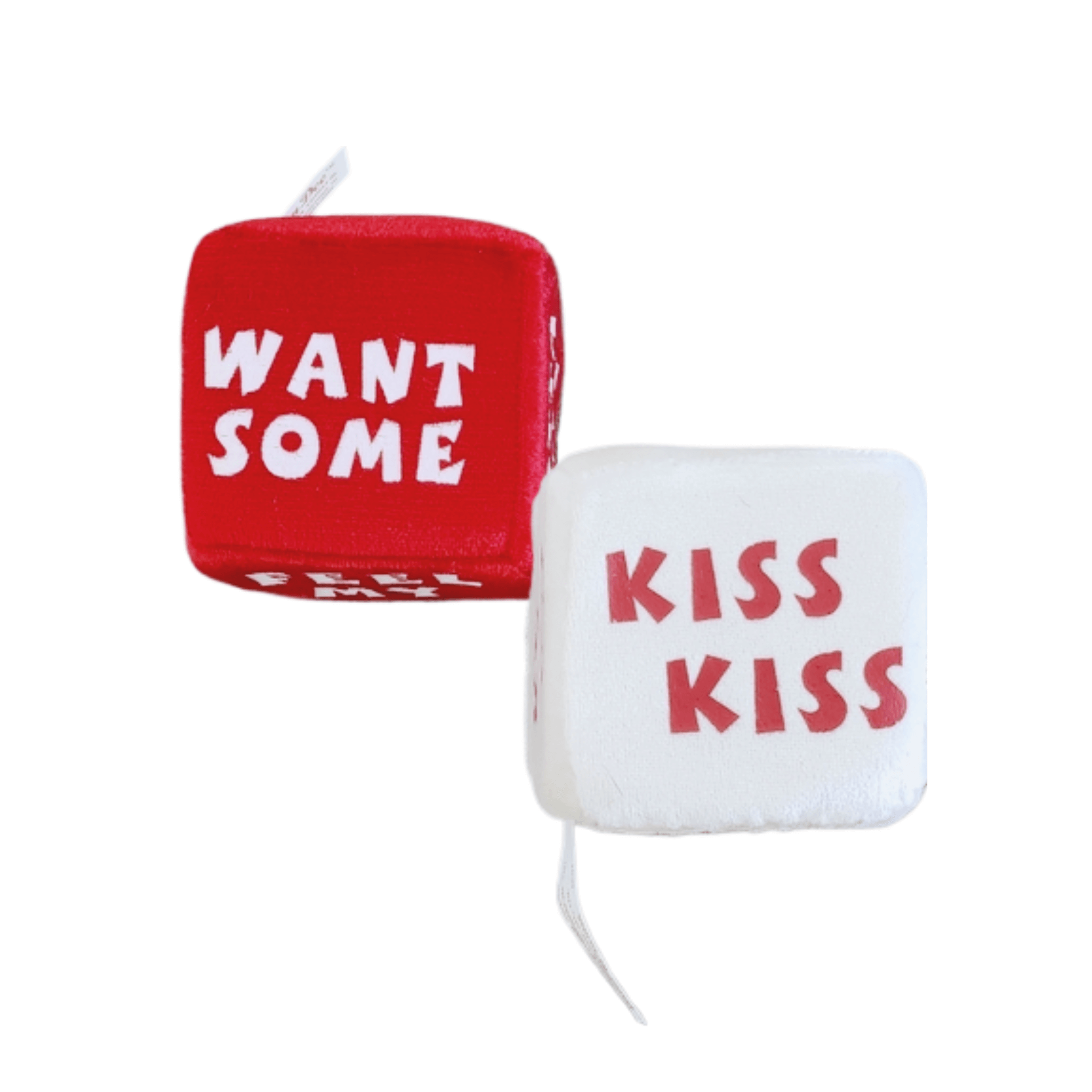 Plush Love Dice -  Set of 2 featuring a red die with 'WANT SOME' and a white die with 'KISS KISS' for romantic fun.