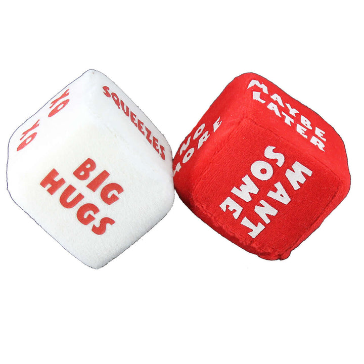 Plush Love Dice - Set of 2, featuring soft red and white dice with romantic phrases for fun date night activities.