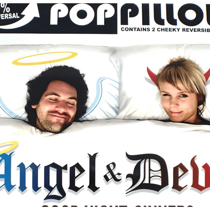 Pop Pillows Angel & Devil reversible cotton pillowcase set, featuring whimsical design for fun and versatility in home decor.