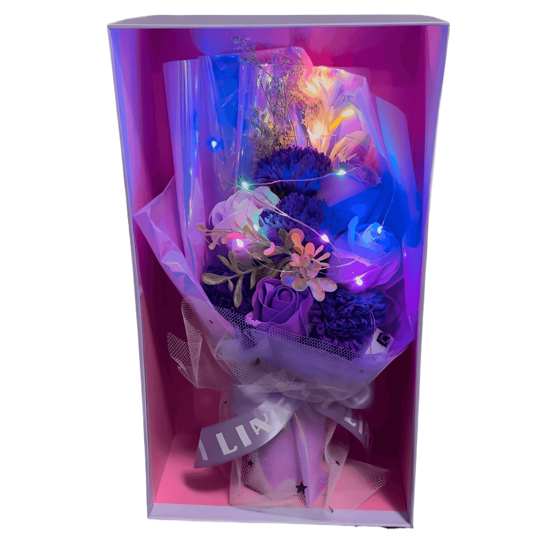 Purple Flower Bouquet with LED lights in a pink box, showcasing lavender and deep purple blooms for elegant decor.