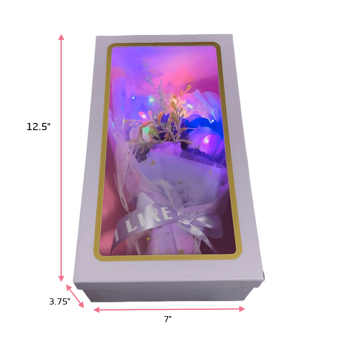 Elegant purple flower bouquet with LED lights, beautifully packaged in a gift box.