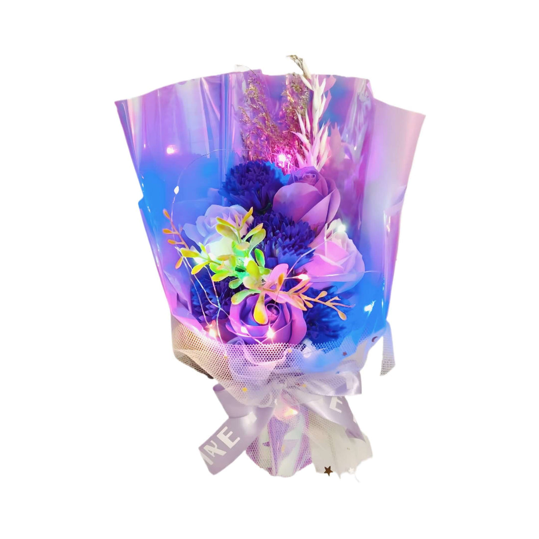 Purple flower bouquet with LED lights, featuring lavender and deep purple blooms, perfect for any special occasion.