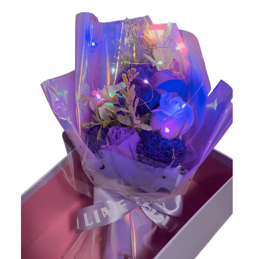 Elegant purple flower bouquet with LED string lights in soft lavender & deep purple hues.