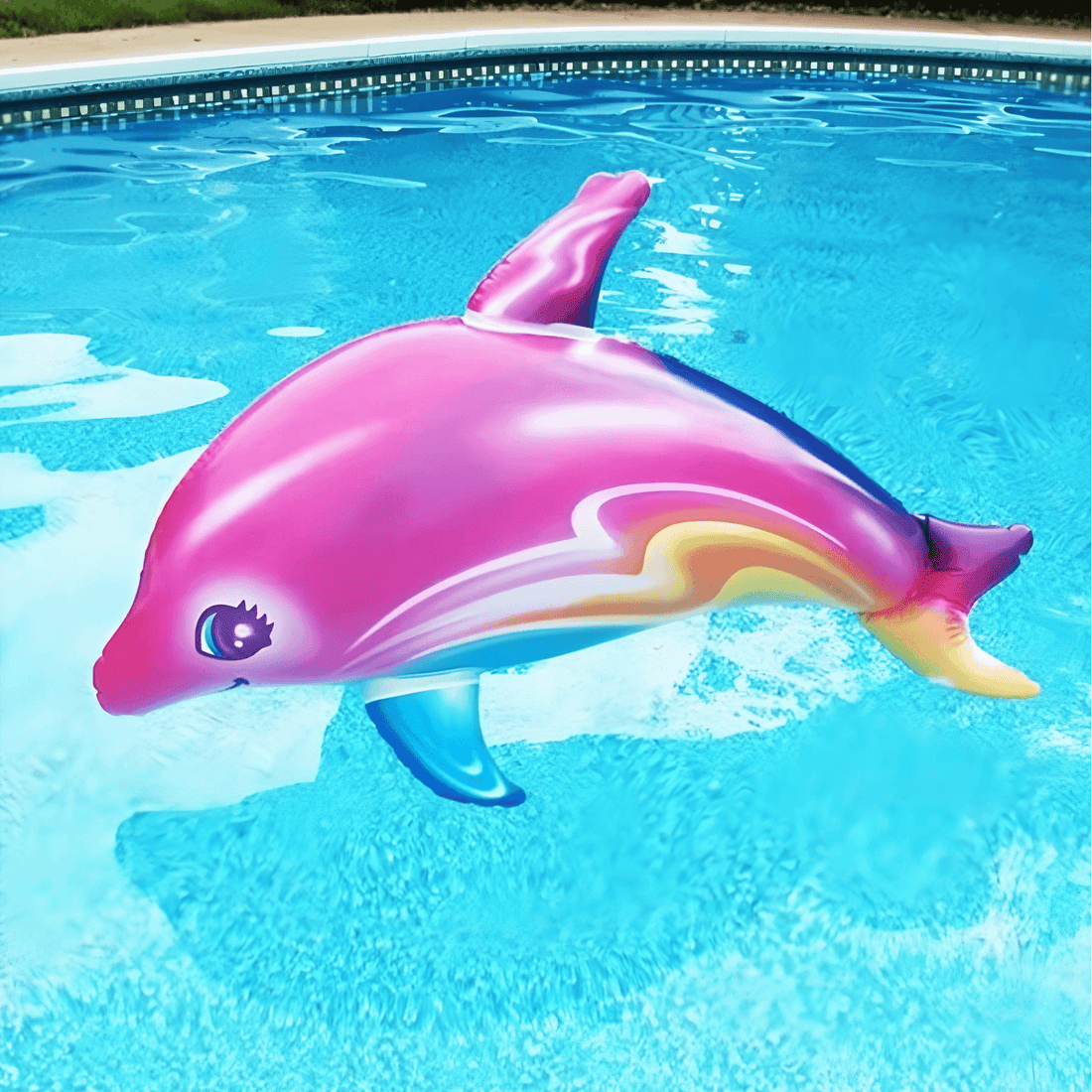 Rainbow dolphin inflatable pool toy floating in a clear pool, perfect for summer fun and beach parties.